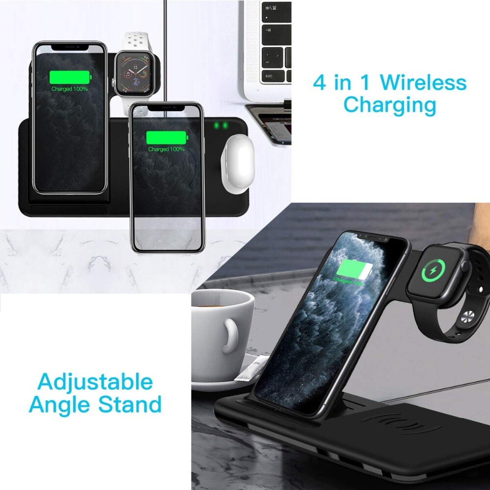 15W Qi Fast Universal Desktop Charging Stand Wireless Charger Stand For Samsung AND iPhone 11 XR X 8 Apple Watch 4 in 1 Foldable Charging Dock Station for Airpods Pro iWatch